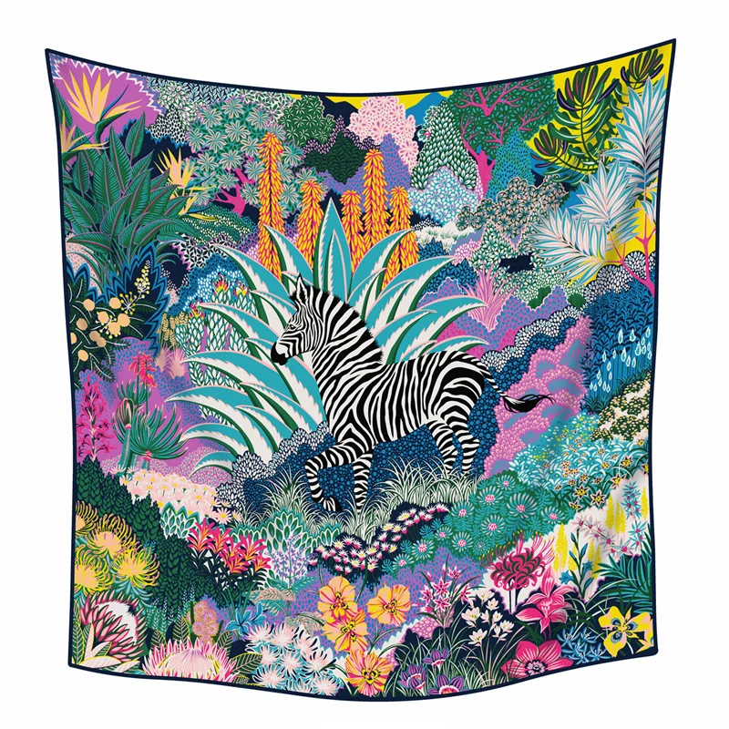 POBING Silk Cashmere Scarf Women Curled Square Scarves Wraps Foreast Zebra Printed Bandana Luxury Hijabs Female Foulards