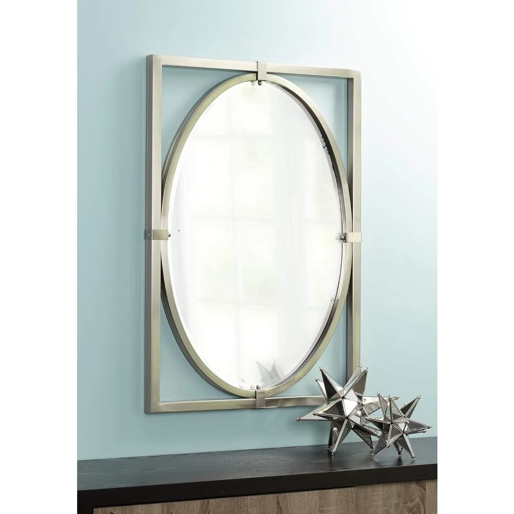 Akita Rectangular Vanity Decorative Wall Mirror Modern Brushed Nickel Silver Metal Frame Beveled Glass Edge 24