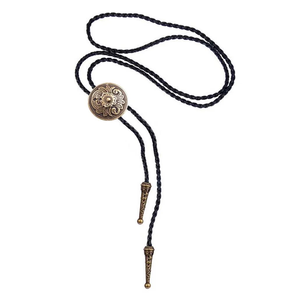 Bolo tie Antique Brass Silver color Flower Totem Round Buckle Adjustable Western Cowboy Novelty Ties