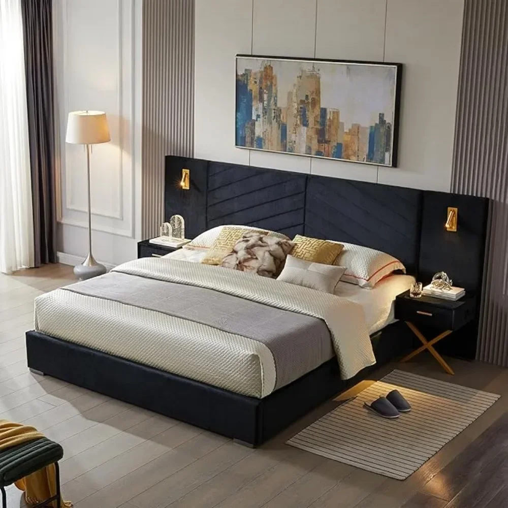 King Bed Frame with Built-in Gold LED Lights and Nightstands King Size Platform Bed with Oversize Upholstered Headboard BedFrame