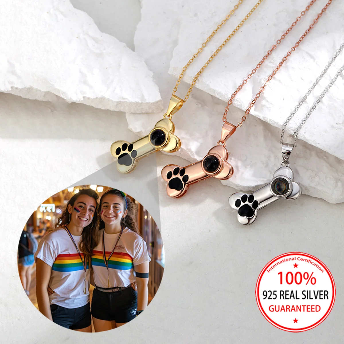 

925 Sterling Silver Custom Color Picture Projection Dog Bone Pendant Necklace Valentine's Day Gift For Girlfriend Cute Party New