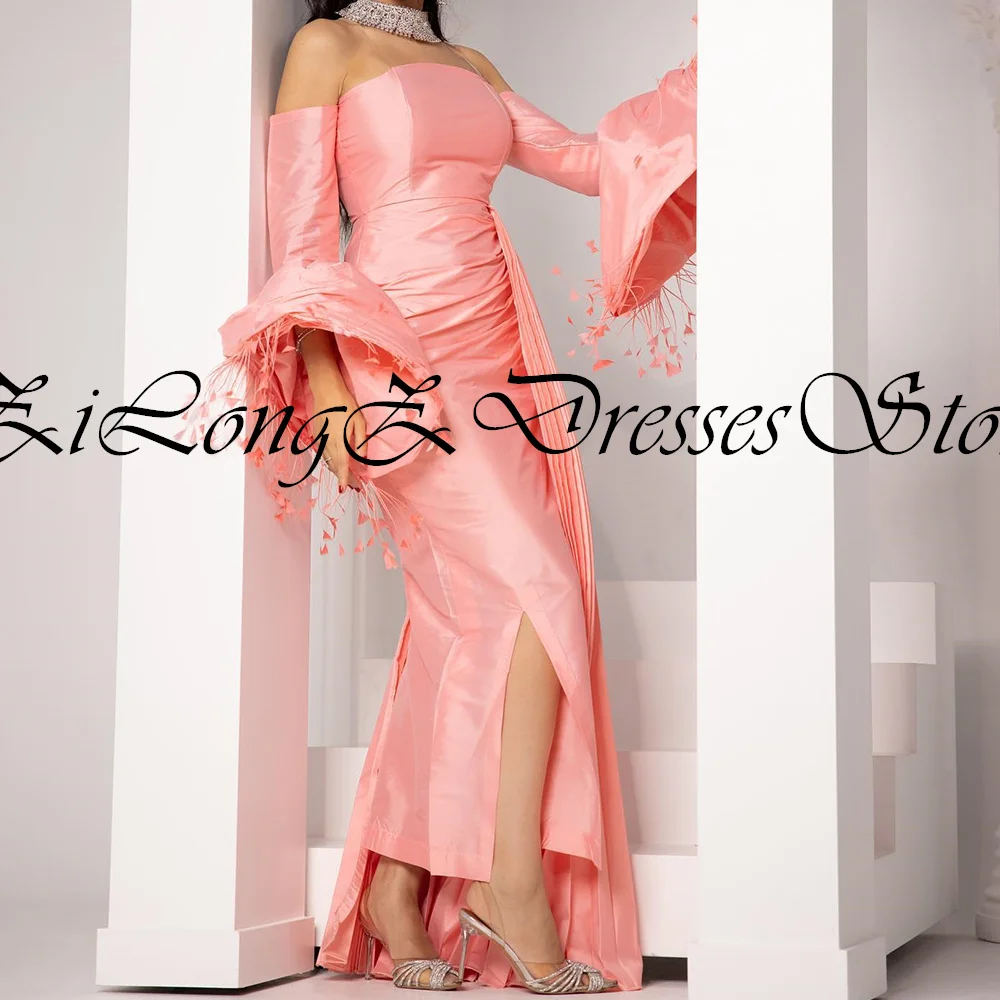 Elegant Luxury Evening Detachable Tassel Side Silt Flare Sleeve Ankle Length Pleats Solid Color Spaghetti Strap Panel Train 2024