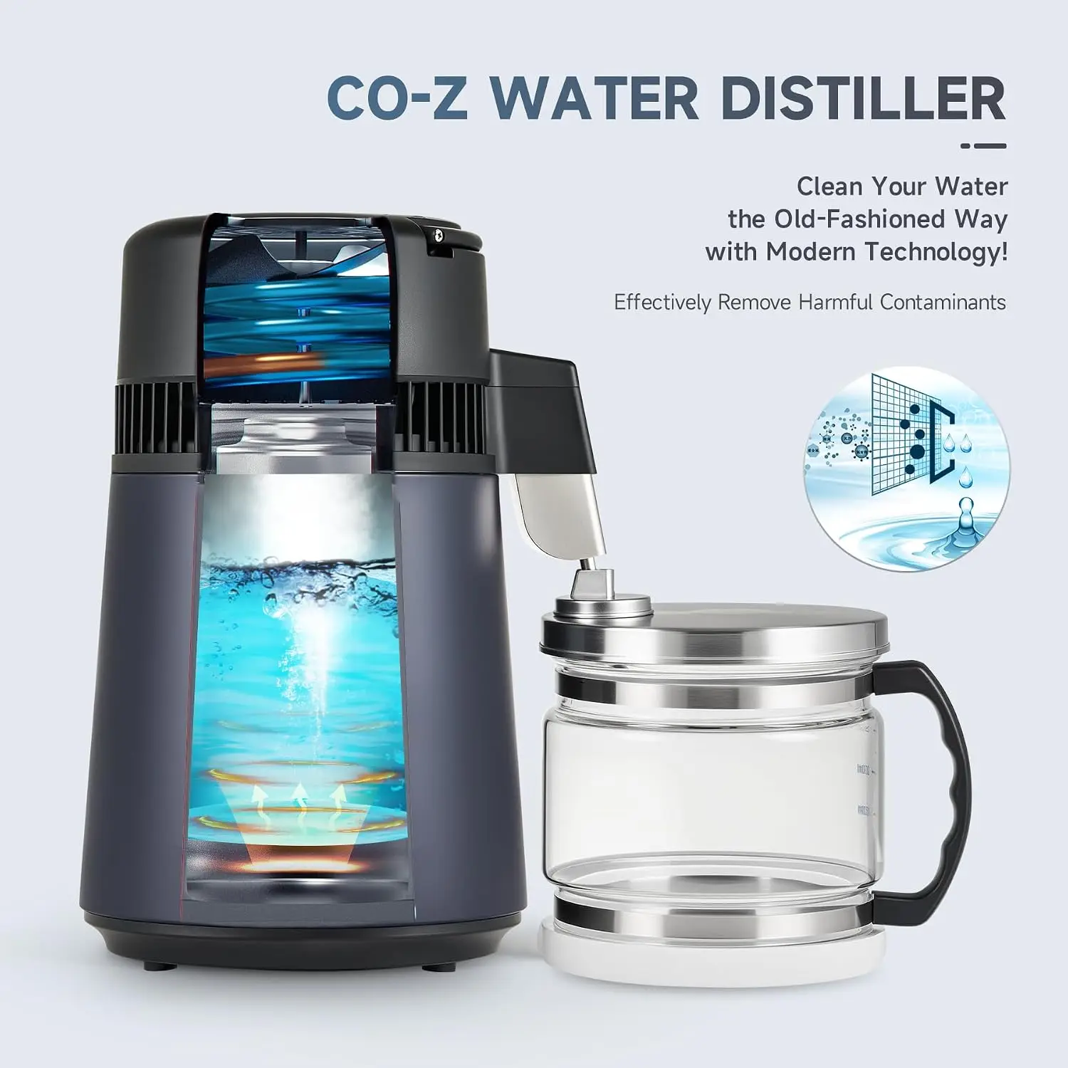 ^For 1.1 Gallon Water Distiller, 4L 750W Countertop Maker, Glass Pot | 304 stainless steel, glass pot, 0.3 gal/hr, up to 6 gal/d