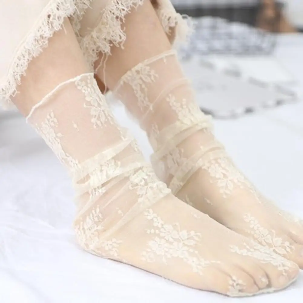 Simple Floral Lace Socks Women Tulle Socks Spring Summer Fashion Thin Mesh Socks Socks Chiffon Lace Up Transparent I5K0