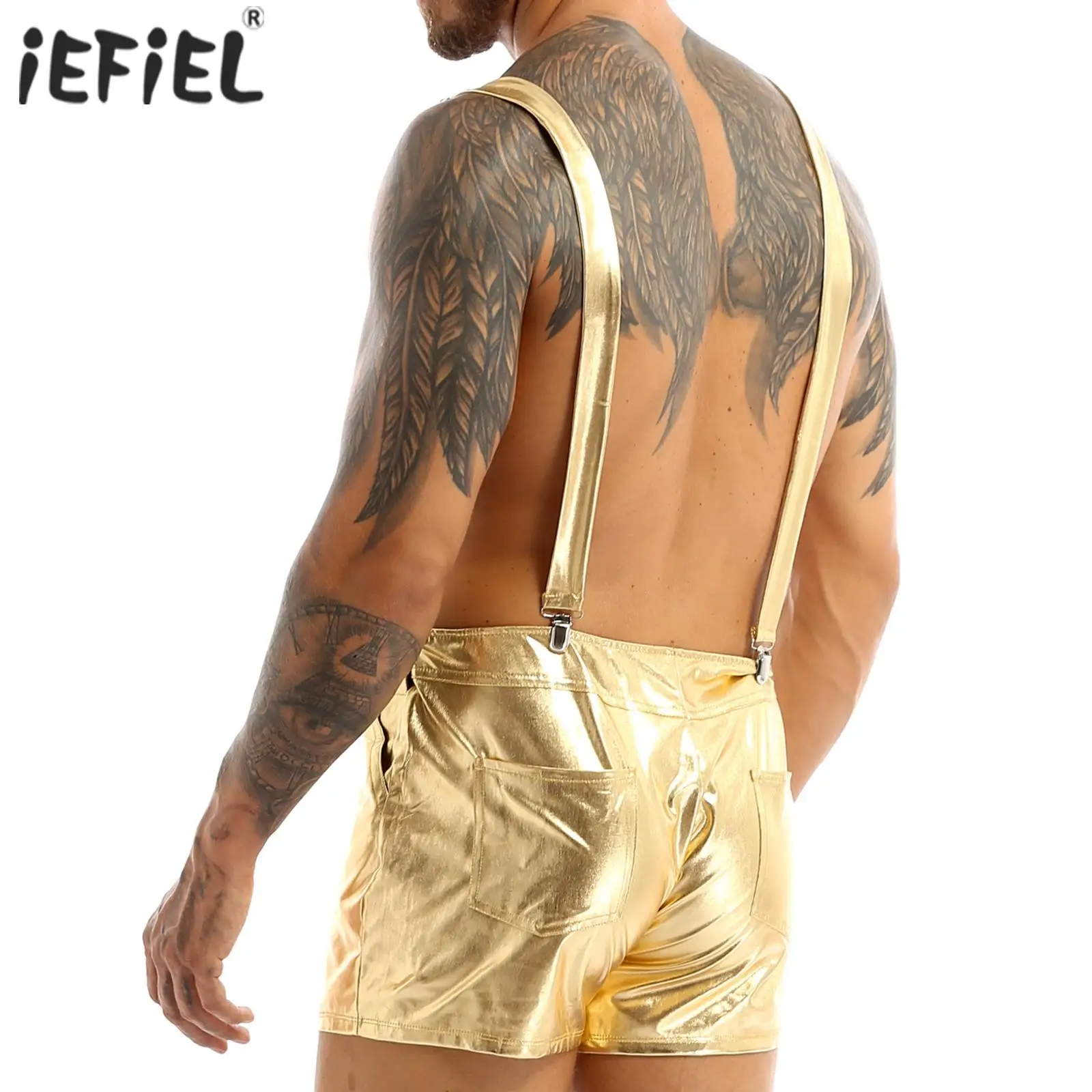 Mens Moto Bib Overall Suspender Shorts Shiny Metallic Holographic Rave Festival Pole Dance Shorts Jazz Hip Hop Dance Costumes