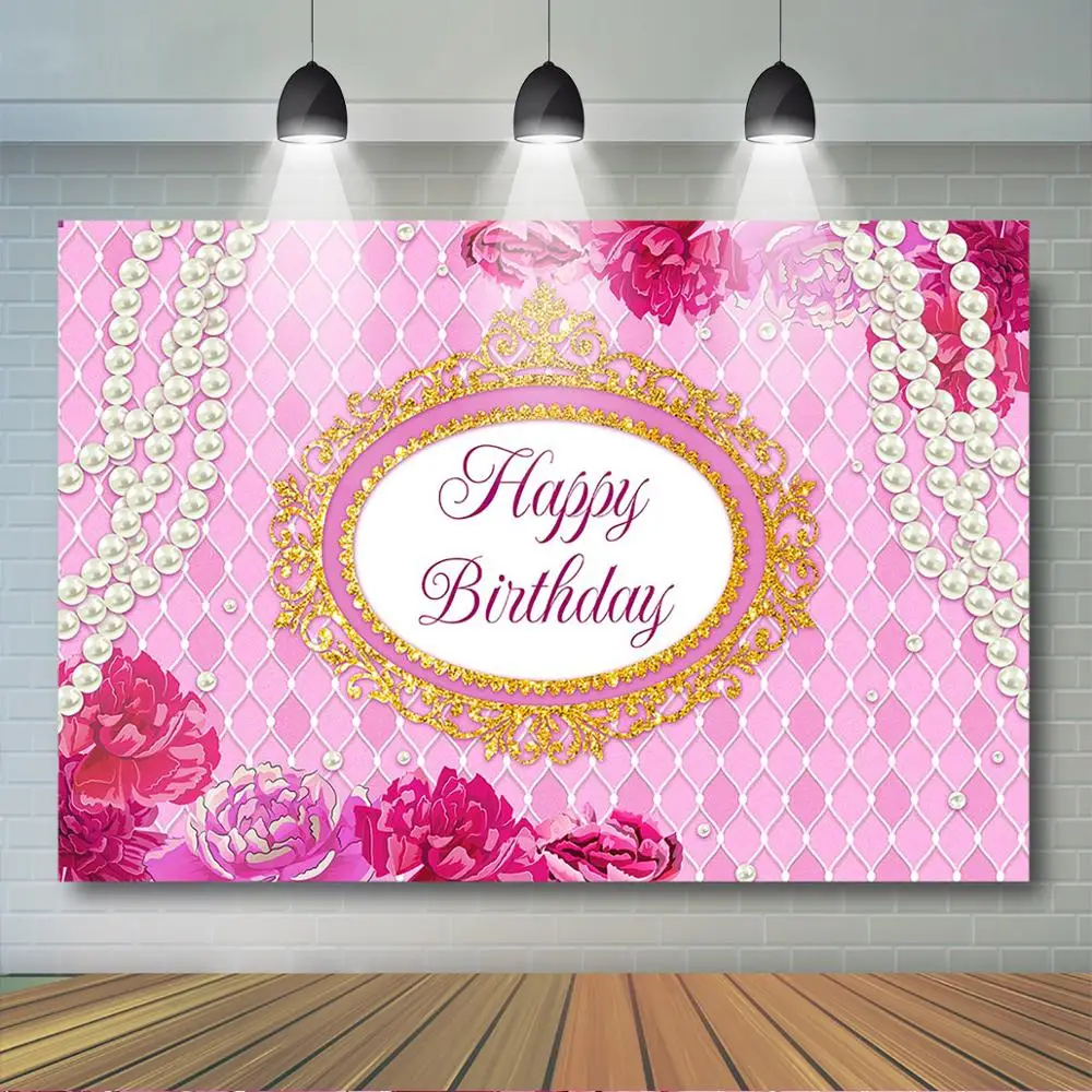 

Mocsicka Women Birthday Backdrops Flower Pearl Pink Photo Background Girl Women Birthday Party Decorations Supplies