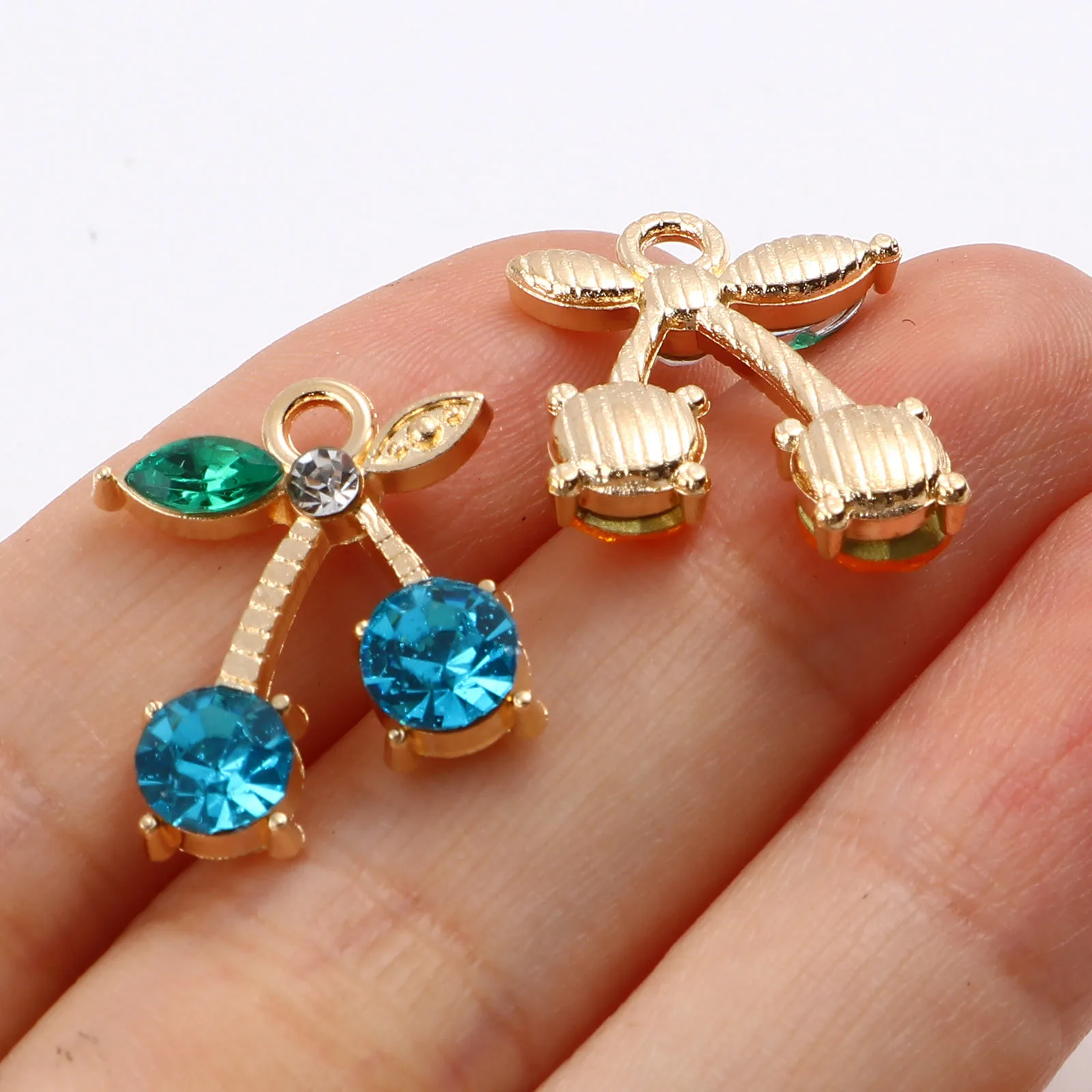 10PCs Fruit Cherry Charms Pendants Gold Color Colored Rhinestones Pendant Cherry Shaped Necklace Pendants for DIY Women Jewelry