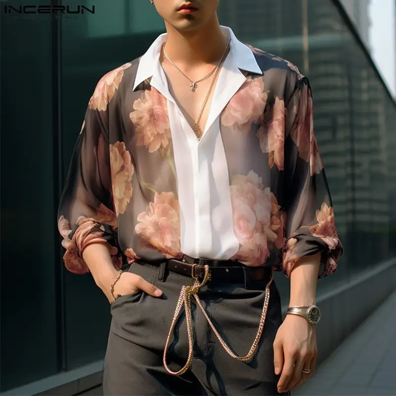 2024 Men Shirt Printing Patchwork Lapel Long Sleeve Streetwear Men Clothing Transparent Loose Fashion Male Shirts S-5XL INCERUN