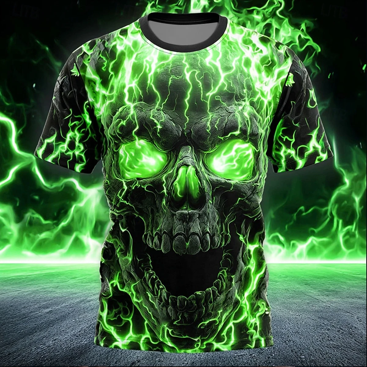 Men's 3D Graphic T-Shirt Cool Glowing Lightning Skull Print Short Sleeve Tee Gothic Horror Skull Crew Neck Casual Streetwear Top