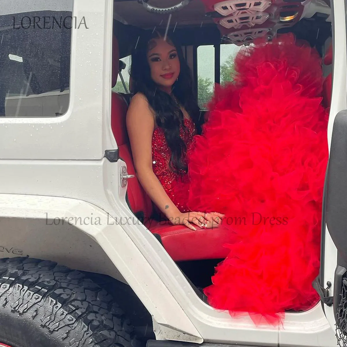 Vestidos de Fiesta de sirena con lentejuelas y cristales rojos para niñas negras, vestidos de baile de graduación con volantes, vestidos de noche formales con diamantes de imitación, moda 2024