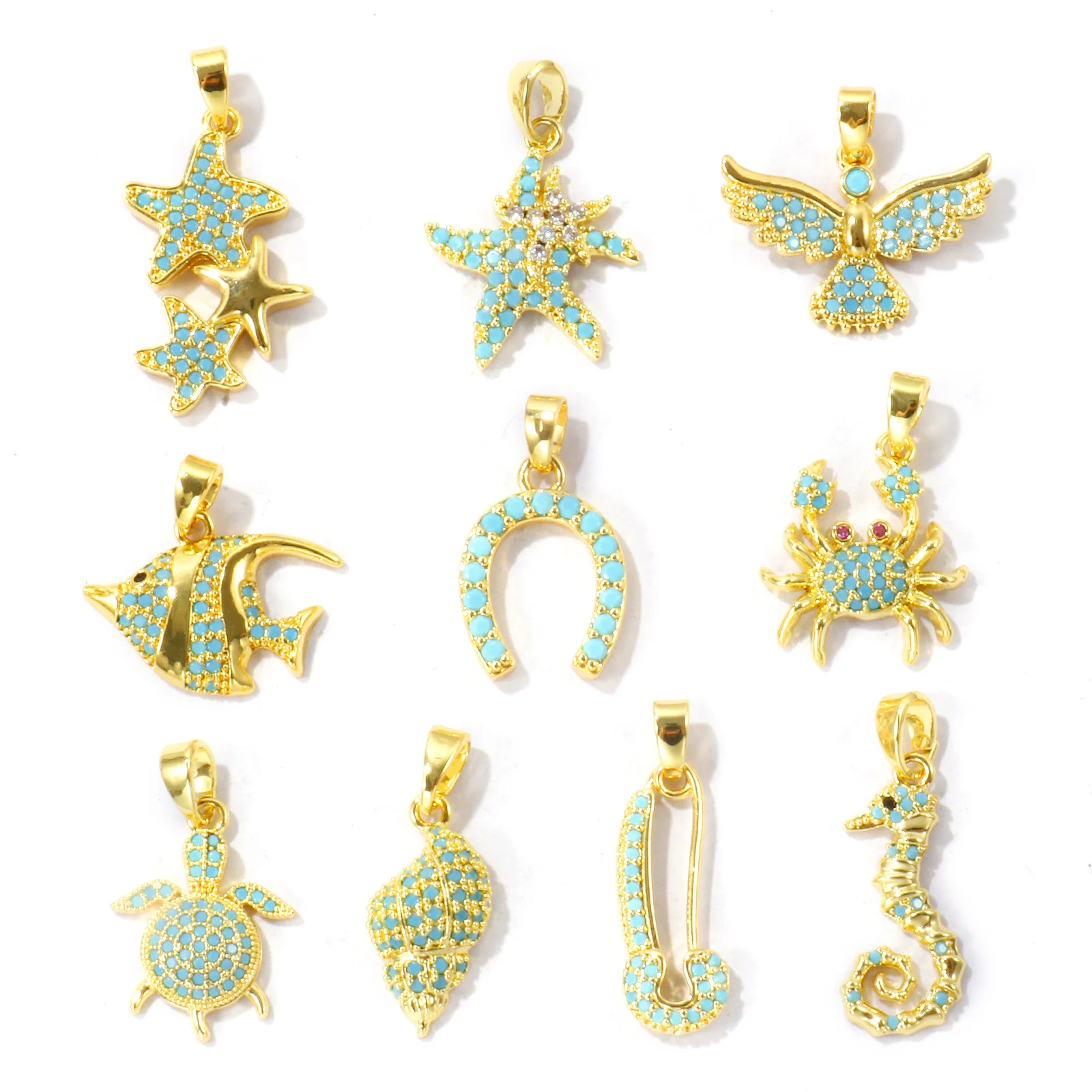 Image of 2 Stück Micro-Pavé-Anhänger mit blauen Zirkonia-Steinen, Glückspferdeschuh, Meeresfisch, Tier-Messinganhänger für Damen, DIY-Halskette, Schmuckgeschenk