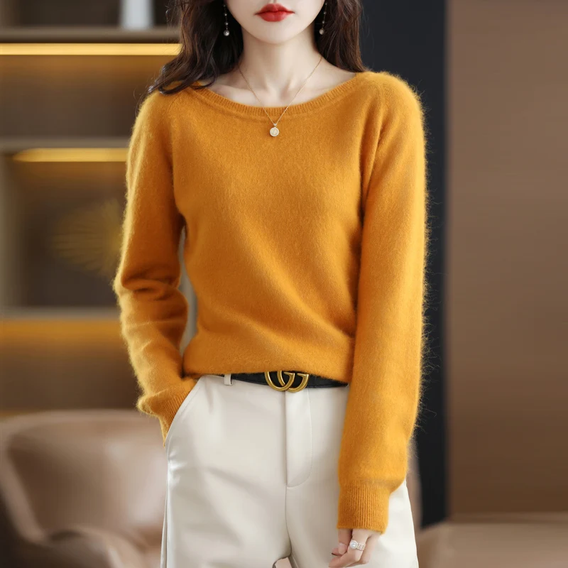 DjzDsm Ladies Pure Mink Cashmere Sweater Low Round Neck Long Sleeve Loose Autumn And Winter Warm Knit Jumper Solid Color Top