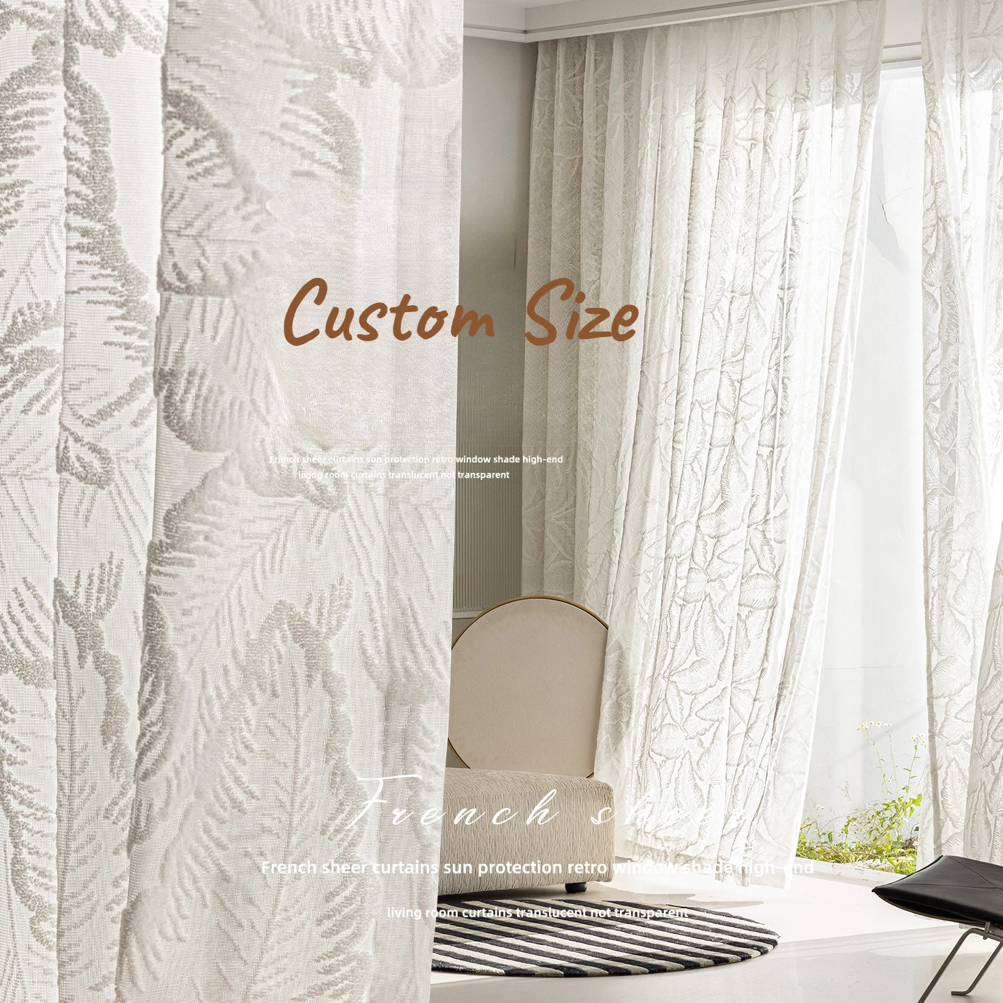 French White Embossed Vintage White Gauze Large Leaves Custom Size Curtains for Living Dining Room Bedroom Luxury Sheer