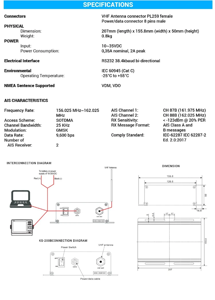 AIS Transceiver With Receiver In A Black Box Base In RS232 Output KS-200B AIS Receiver Black Box