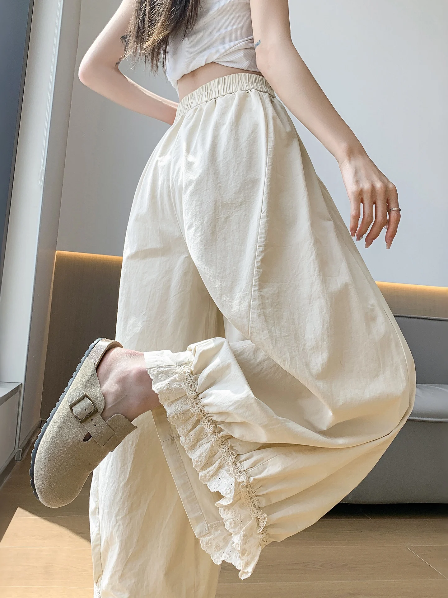 

2026 New Women's Embroidered Hollow out Casual Pants Summer Lazy Style Elastic Waist Flower Bud Pants Korean Style Straight Leg