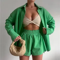 Women's Shorts Suit Set Summer Clothing Turn Down Collar Long Sleeve Tops and Shorts High Waist Cotton Casual Two Pieces Sets