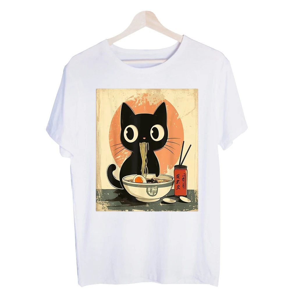 Men's Black Cat Ramen Graphic Tee, Vintage Style Short Sleeve T-Shirt for Casual Daily Wear