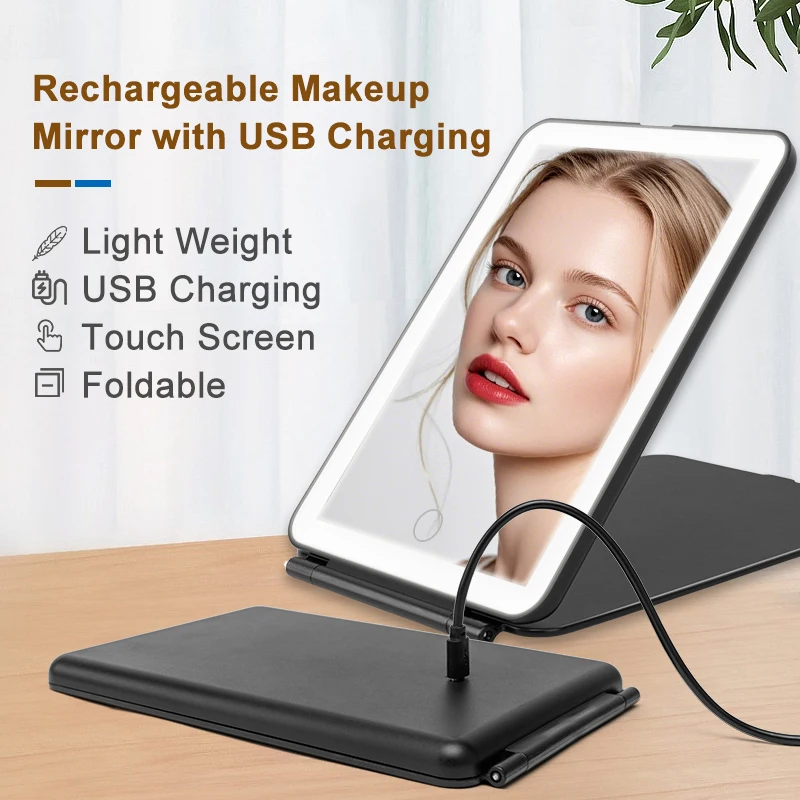 مرآة مكياج LED قابلة للطي مع مرآة زينة لسطح المكتب ببطارية 1500 مللي أمبير في الساعة مع ضوء ساطع قابل للتعتيم للسفر المنزلي #1