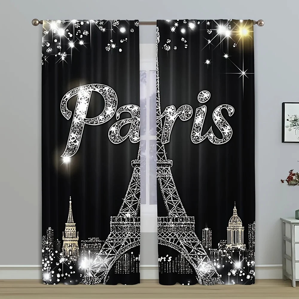 Paris Eiffel Tower Diamond Print Curtains, Black White Cityscape with Sparkling Stars Design Rod Pocket for Living Room Bedroom​