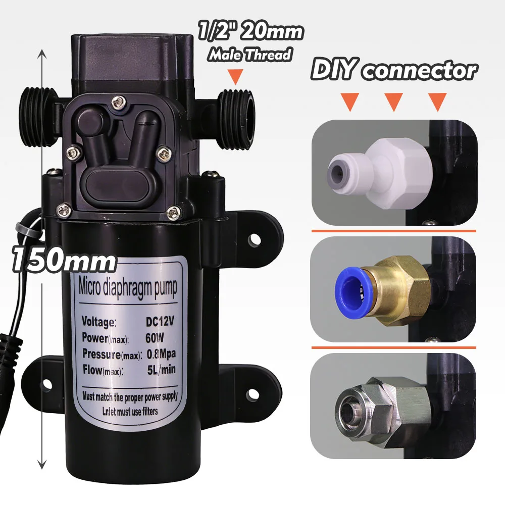 DC12V 60W Diaphragm Booster Pump Micro Water Pressure Spray Pump with 1/2″ Male Thread for Garden Agriculture Misting Irrigation