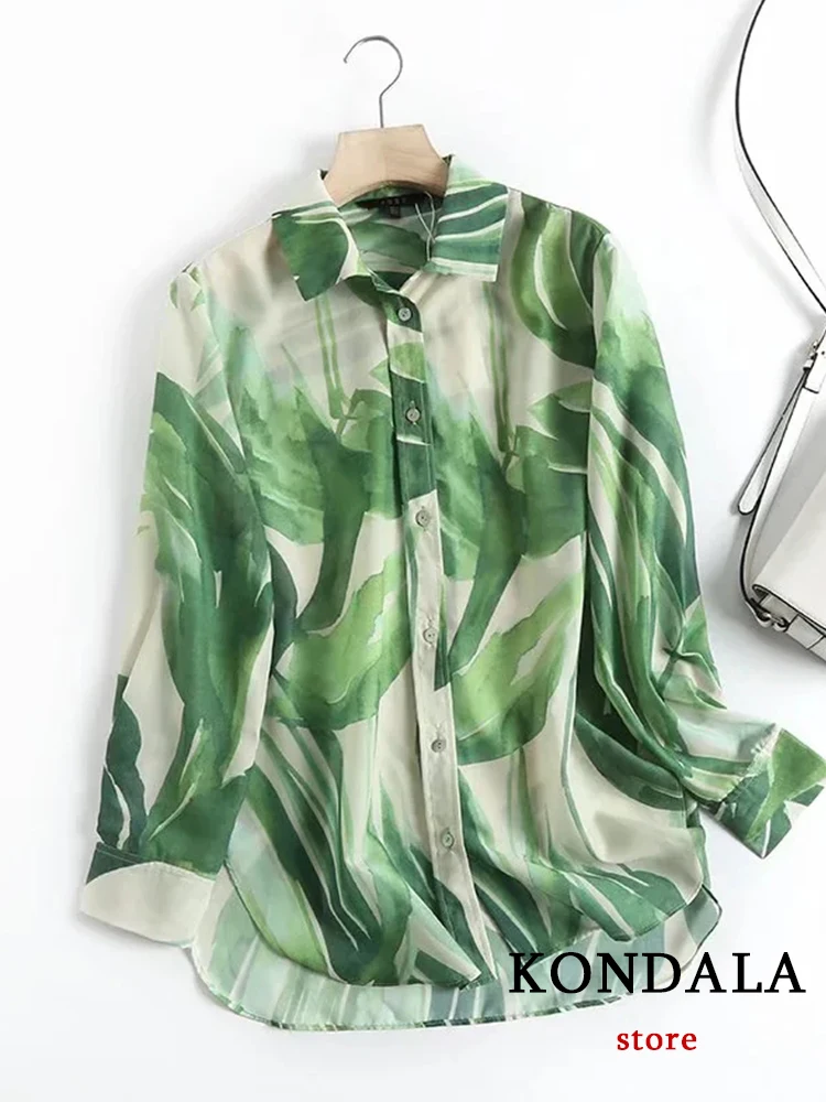 KONDALA Vintage Green Floral Print Loose Shirts Women Office Lady Long Sleeve Single Button Blouses Fashion 2022 Elegant Tops