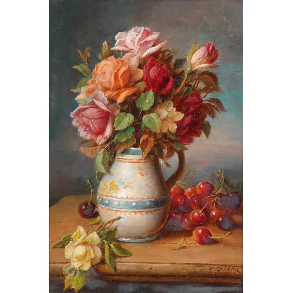 Hans Zatzka oil painting,Roses and Cherries,Flower oil painting,Handmade famous painting replica,Decor picture for dining room