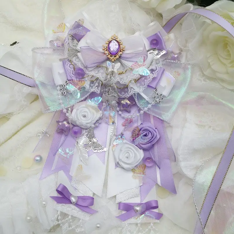 

Super Gorgeous Lolita Bowtie Original Handmade Light Purple White Palace Dress Collar Flower Concert Support Stick Bow Accessory