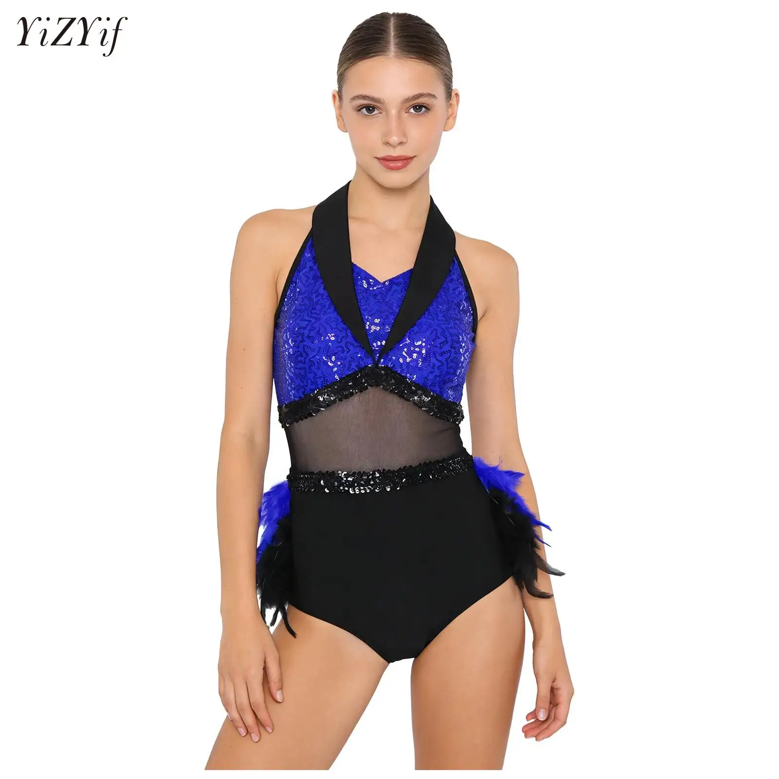 

Женский танцевальный комбинезон для румбы и ча-ча-ча, блестящий, с пайетками, сетчатыми вставками и перьями по низу, без рукавов, для балетных выступлений