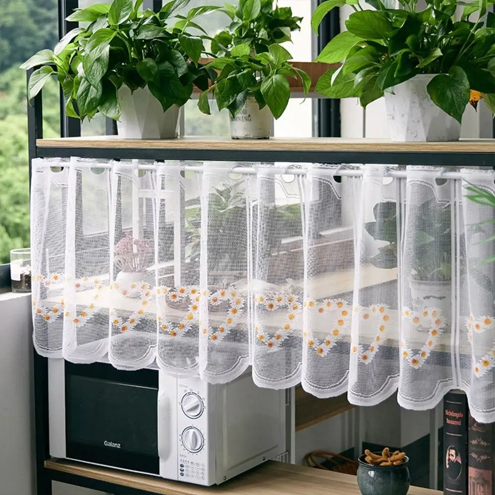 Kitchen Balcony Curtains Embroidered Semi Sheer Curtain Multifunctional Durable Rod Pocket Screen Panel