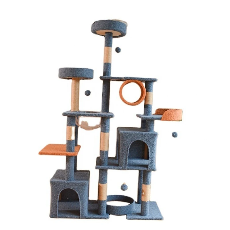 Multi-Level Indoor Large Cat Tree Tower Luxury Wood Cat Condo Climbing Post Cat Tree