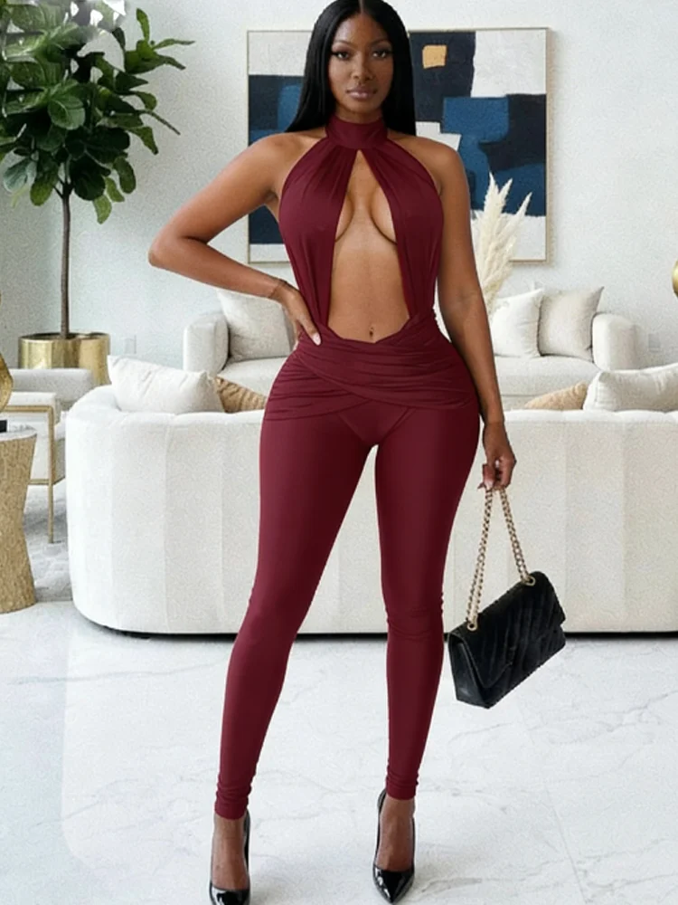 

Whatiwear Turtleneck Jumpsuits Woman Halter Sleeveless Hollow Design Sexy Fashion Skinny Peach Hip Midnight Club Party Overalls