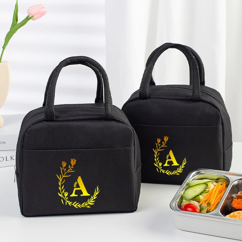 

Gold Letter Print Padded Thermal Insulation Bag Outdoor Camping Lunch Bag Portable Bento Bag Insulated Cold Ice Bag For Picnic