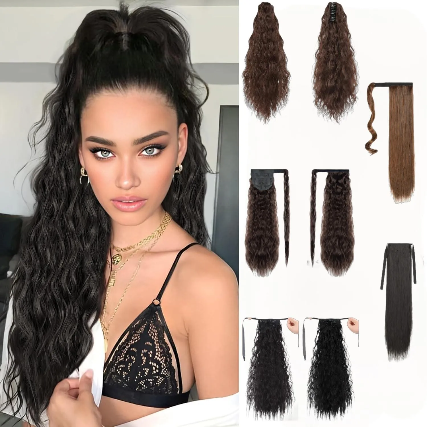 Ponytail Extension Drawstring Ponytail Hair Extensions for Women，Long Curly Wavy Ponytail Natural Wavy Synthetic Hairpiece