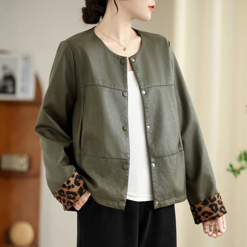 Masss Wasss Autumn Ladies Classic Loose Vintage O Neck Leopard PU Jackets Womens Fashion Faux Leather Coats Leisure Windbreakers
