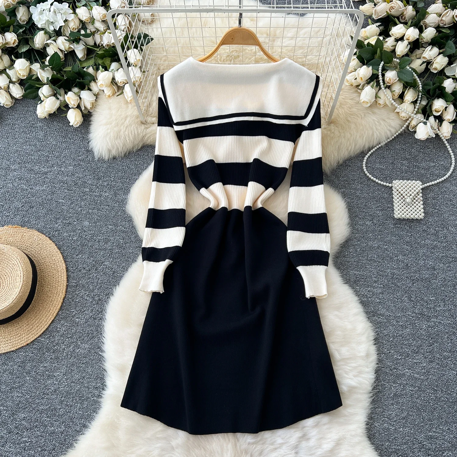 Chic Turn-down Collar Slim Bandage Long Sleeve Patchwork Striped Knit Dress High Street Vintage Women Autumn Winter Clothing