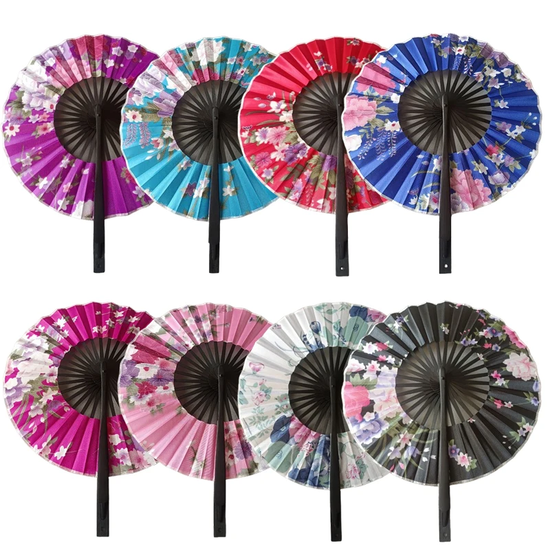 Abanico de mano redondo de bambú, ventilador plegable portátil con patrón de flores de estilo chino con Tasse, abanicos de mano para baile de boda, regalo de decoración de fiesta