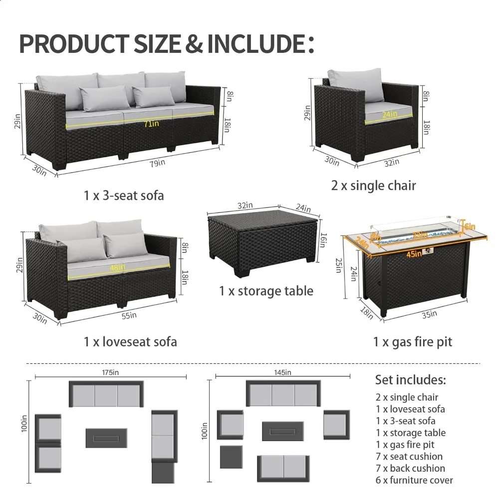 6 Pcs Outdoor Furniture Set with 45" Fire Pit Patio Couch And Chairs Customizable 60000 BTU Steel Propane Patio Furniture