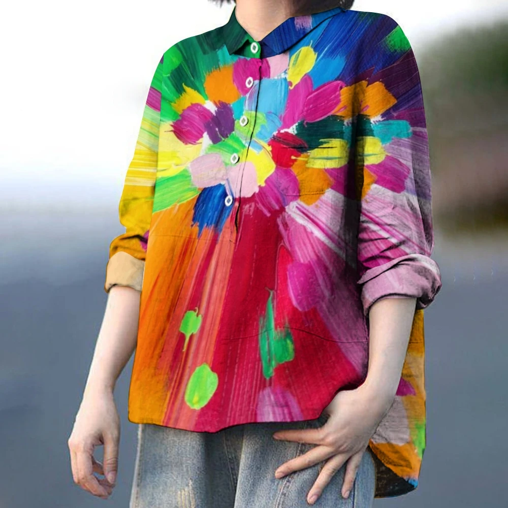 Color Hand-Painted Casual Polo Shirt Women's New Fashion Chic Long-Sleeved Shirt Lapel Design Sense Daily Clothing