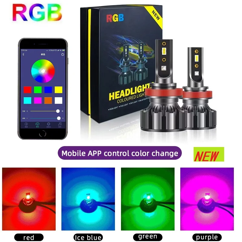 NEW H7 Led RGB Headlight APP Bluetooth-Compatible Control Multi Colors LED Bulbs H1 H4 H8 H9 H11 9005 9006