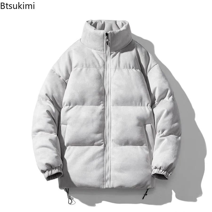 New Men's Autumn Winter Thicken Suede Parkas Fashion Harajuku Casual Warm Cotton-padded Jackets Stand Collar Solid Men Outerwear