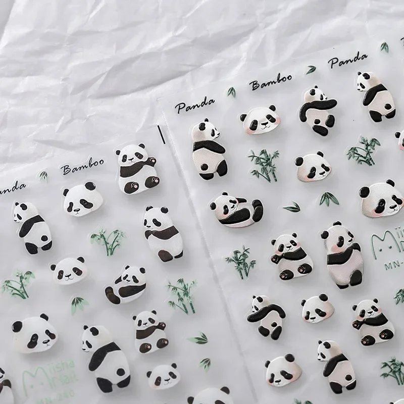 1PCS Cute Cartoon Little Expression Nail Stickers Lovely Panda Green Bamboo 5D Embossed Reliefs Self Adhesive Nail Art Decals