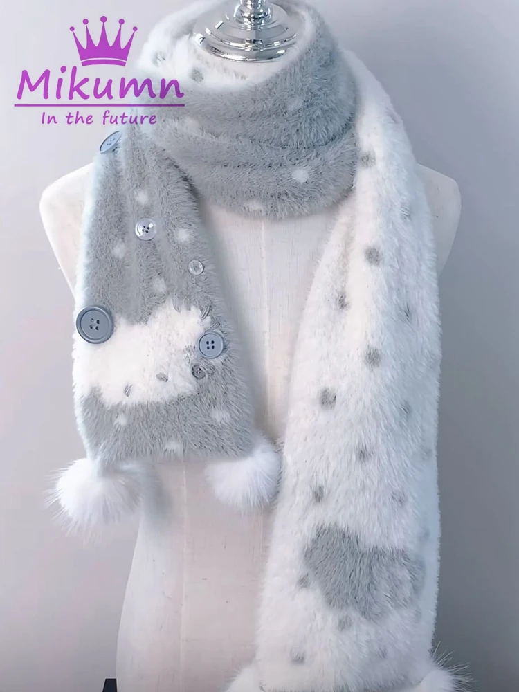 Mikumn harajuku bonito dos desenhos animados gato cachecol de pelúcia japonês y2k feminino meninas inverno quente dupla face malha longo cachecol streetwear