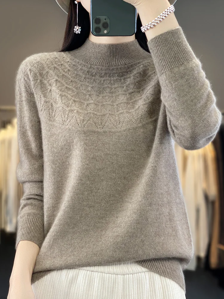 New Fashion Spring Long Sleeve Women Knitted Sweater 100% Merino Wool Mock Neck Pullover Clothing Knitwear Basic Jumper Tops