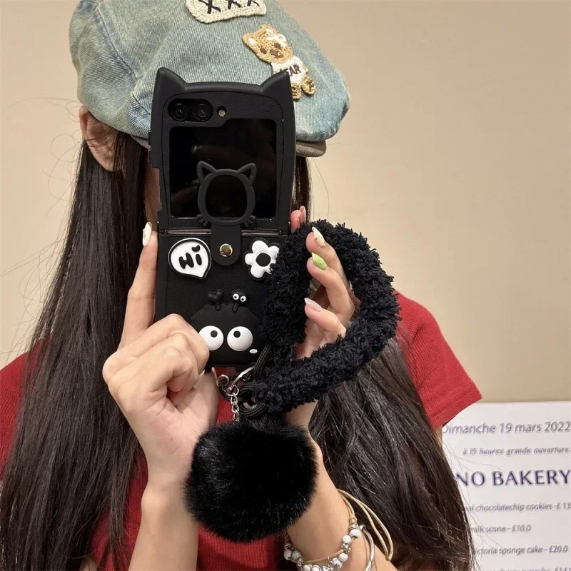 Cartoon Black Phone Case for Samsung Galaxy Z Flip 6 5 4 3 Protective Back Cover for ZFlip4 ZFlip5 ZFlip6 Case