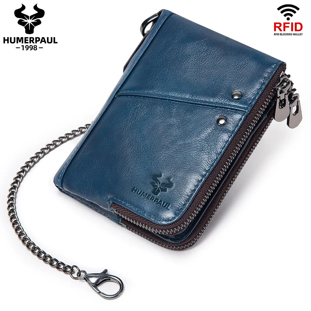 HUMERPAUL  Fashion 100% Genuine Leather Wallet With Iron Chain Anti-theft RFID Protection Credit Card Holder Bifold Coin Purse