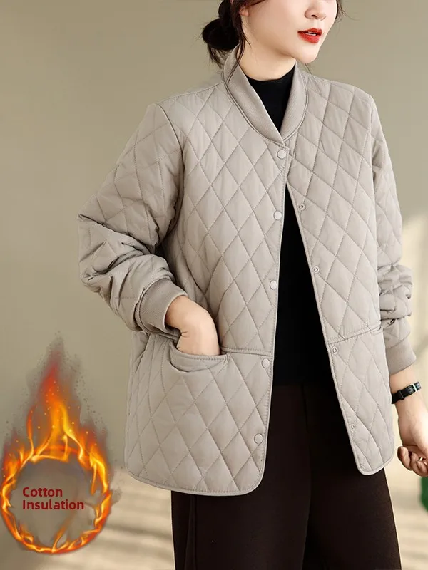 Casual Style Women's Cotton Jacket Diamond Pattern Vintage Elegance Autumn Winter Fashion Korean Version Open Cardigan Coat