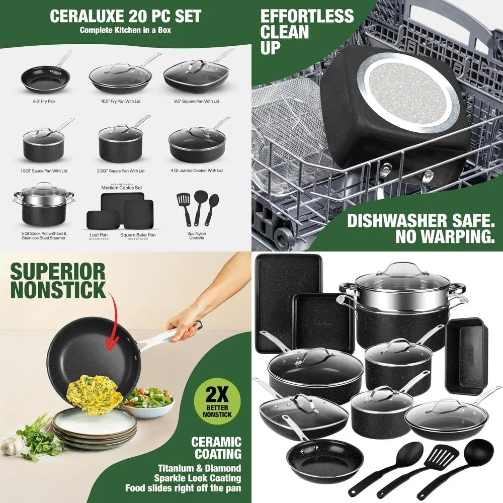 

Nonstick Ceramic Cookware Set, 20-Piece with Pots, Pans, Bakeware, Utensils, and Steamer - Oven & Dishwasher Safe, Non-Toxic, PF