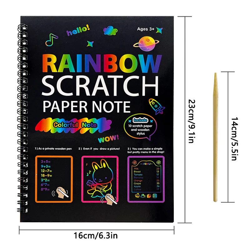 Rainbow Scratch Paper Note Libro d'arte per bambini Nero Fai da te Arcobaleno Art Paper Card Neon Scratch Book con bastone di legno