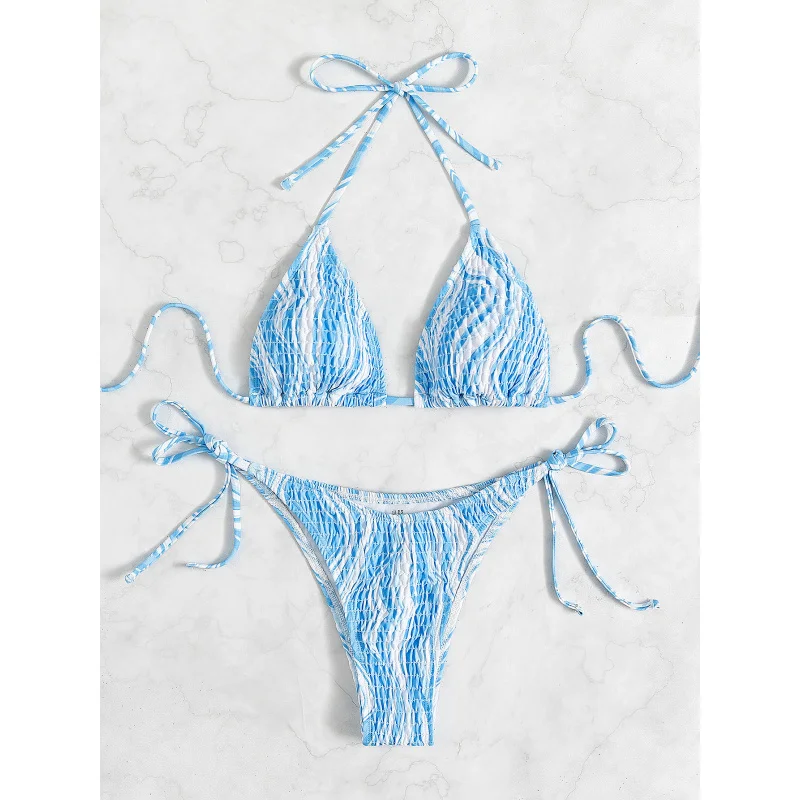 Ocean WindinsHot-Selling Sexy Triangle Top with Cable Print Backless Beach Bikini