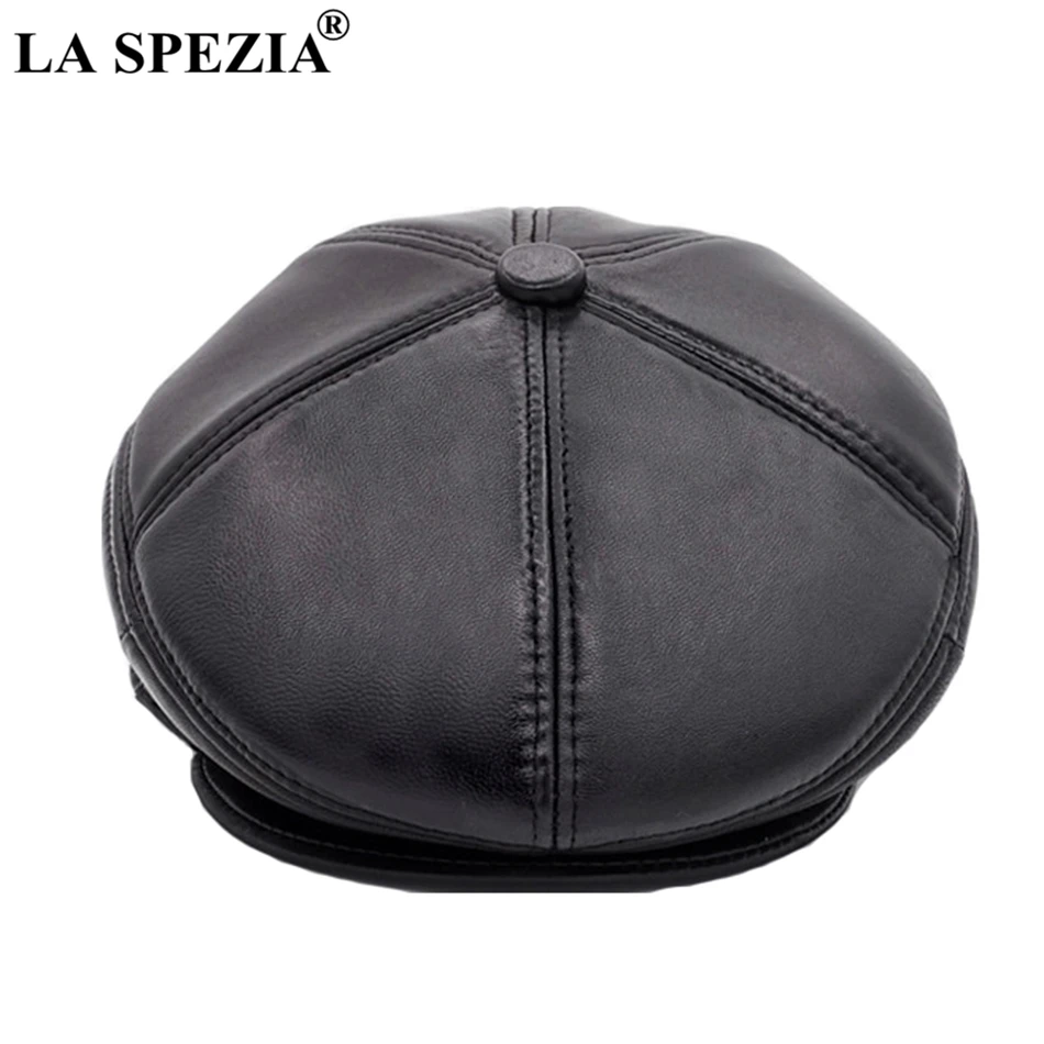 LA SPEZIA Real Leather Berets Man Black Casual Duckbill Hats Vintage Italian Luxury Genuine Leather Winter Warm Flat Caps